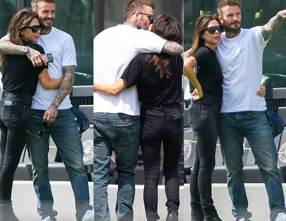 David and Victoria Beckham pack on the PDA during a family outing with their kids and their girlfriends (photos)