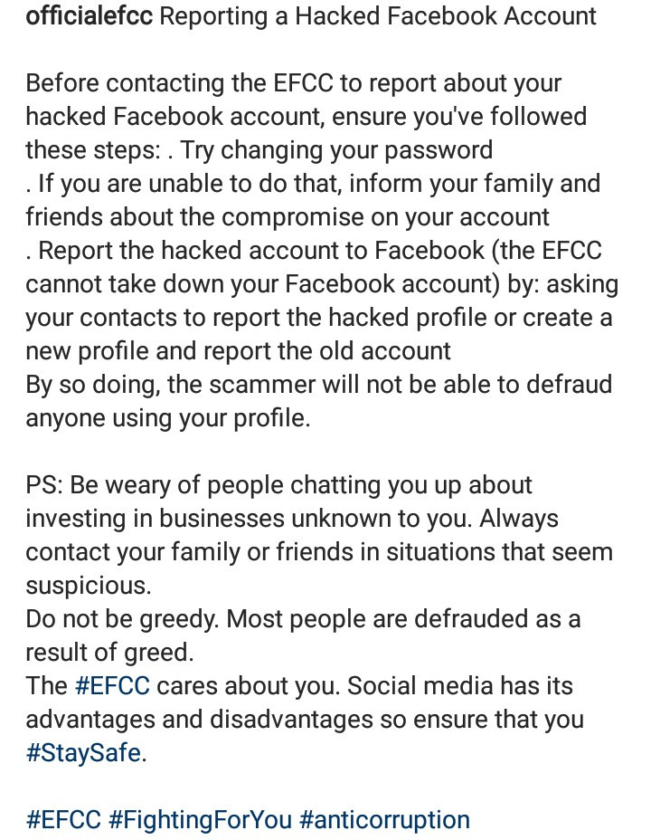 EFCC advises Nigerians on the steps to take before contacting them if one's facebook account is hacked