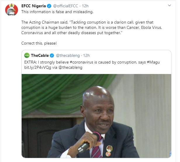 EFCC denies its chairman said 'coronavirus is caused by corruption' but video evidence proves he did