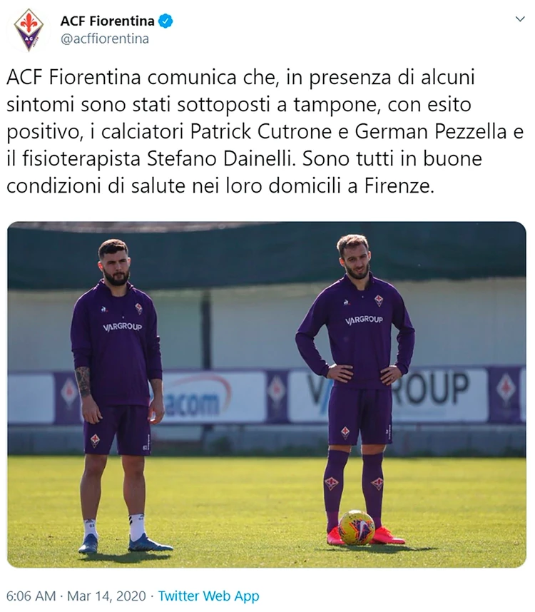 Fiorentina football stars Patrick Cutrone and German Pezzella test positive for Coronavirus�