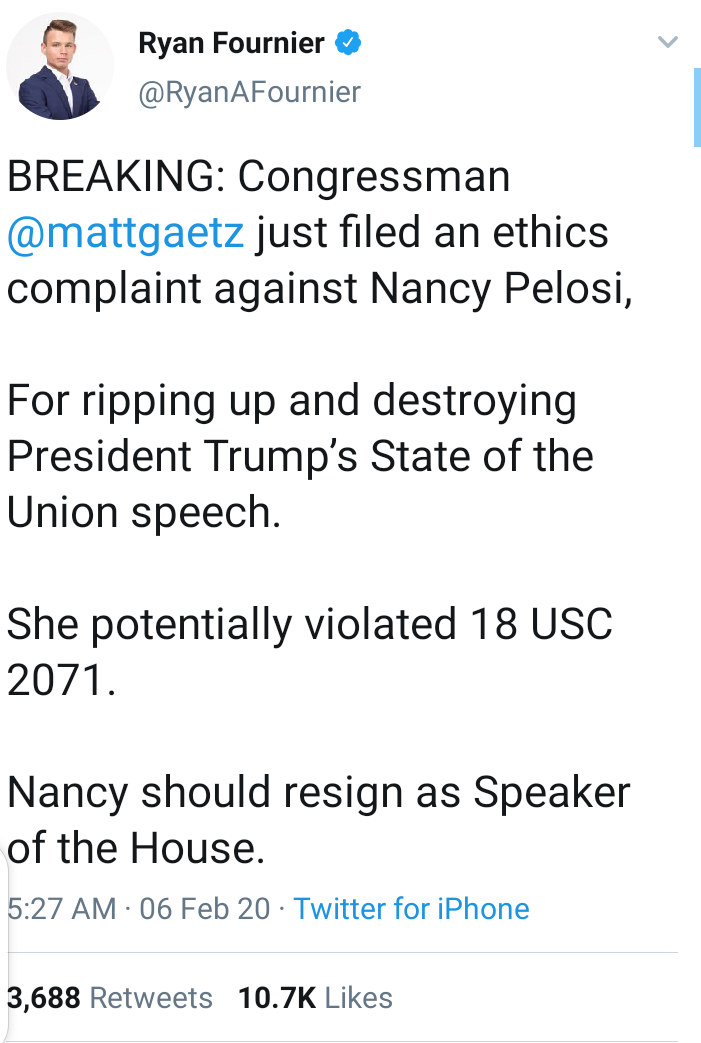 Florida congressman files Ethics complaint against Nancy Pelosi for tearing Trump