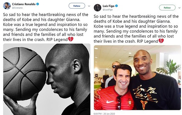 Copying controversy: Luis Figo accused of imitating Cristiano Ronaldo’s tribute to Kobe Bryant