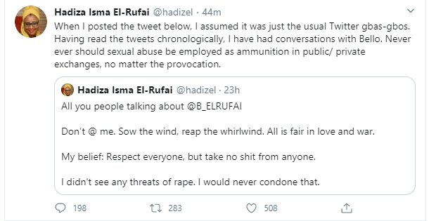 Governor El-Rufai's wife, Hadiza admits her son Bello threatened Twitter user with sexual abuse after being called out for supporting him