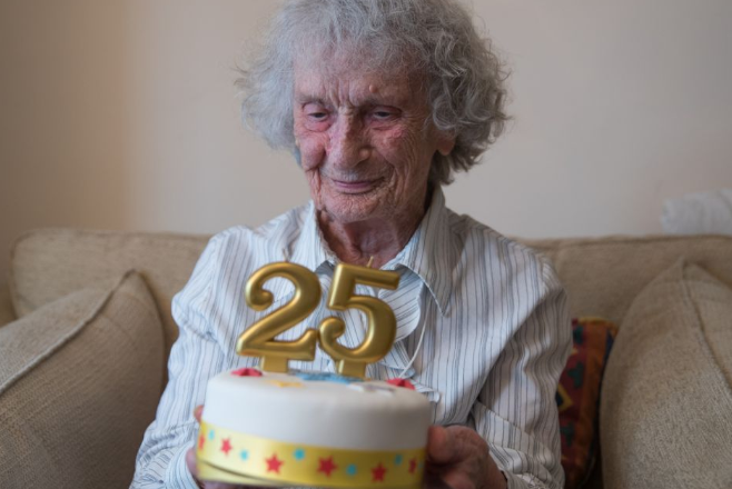 <!DOCTYPE html>
<html>
<head>
  <title>Great-great-grandmother celebrates her “25th birthday” today</title>
</head>
<body>
  Great-great-grandmother celebrates her “25th birthday” today