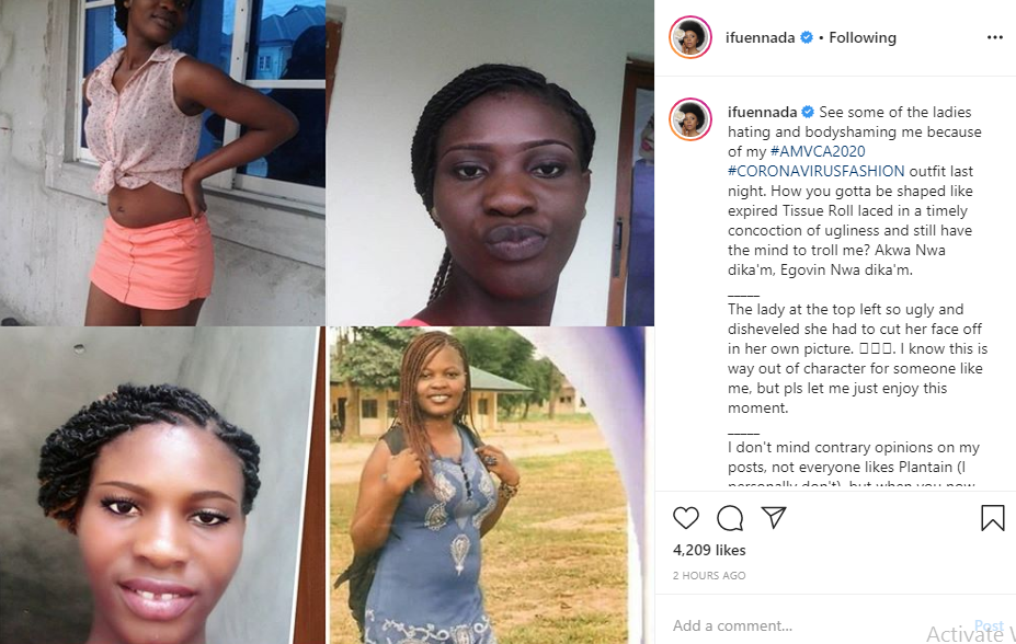 Ifu Ennada drags female trolls she accused of bodyshaming her over her coronavirus outfit to AMVCA 2020 