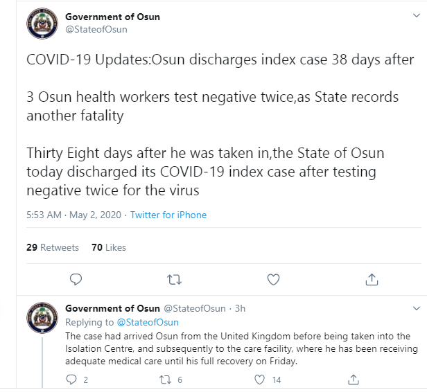 Osun Discharges Index Case of Coronavirus after 38 Days