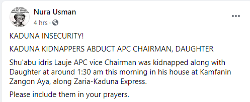 Kaduna APC vice chairman and daughter kidnapped