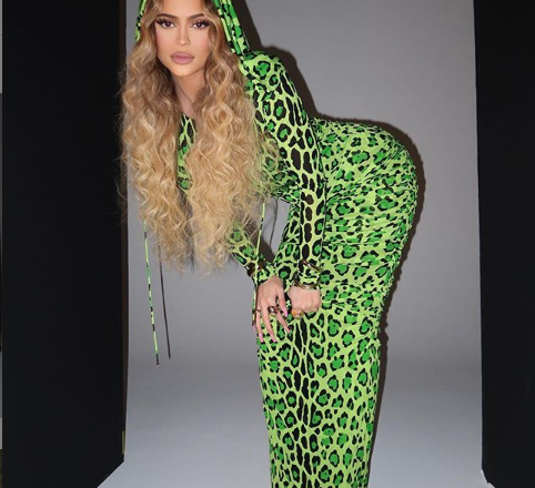 Photos of Kylie Jenner in a Bold Neon Green Leopard Print Dress