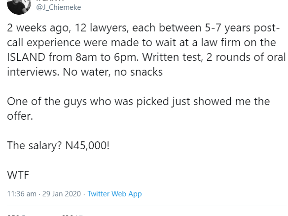 Lawyers have to wait for 10 hours for an interview only to be offered a salary of 45,000 Naira