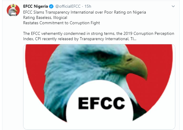 EFCC accused of stealing the eagle in its logo after countering Transparency International on rating Nigeria 146 out of 180 corrupt countries