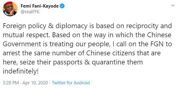 Maltreatment: If it was Abacha, many Chinese nationals would have been deported by now- FFK 