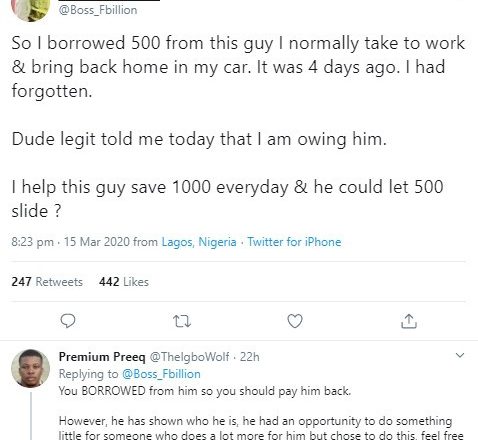 <!DOCTYPE html>
<html>

<head>
  <title>Man ignites debate after narrating an incident</title>
</head>

<body>
  Man ignites debate after narrating how a man he offers free ride home daily insisted on collecting back the 500 Naira he borrowed from him