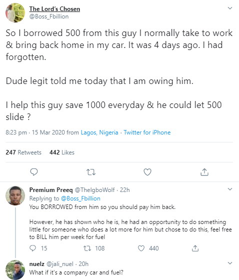 Man ignites debate after narrating how a man he offers free ride home daily insisted on collecting back the 500 Naira he borrowed from him