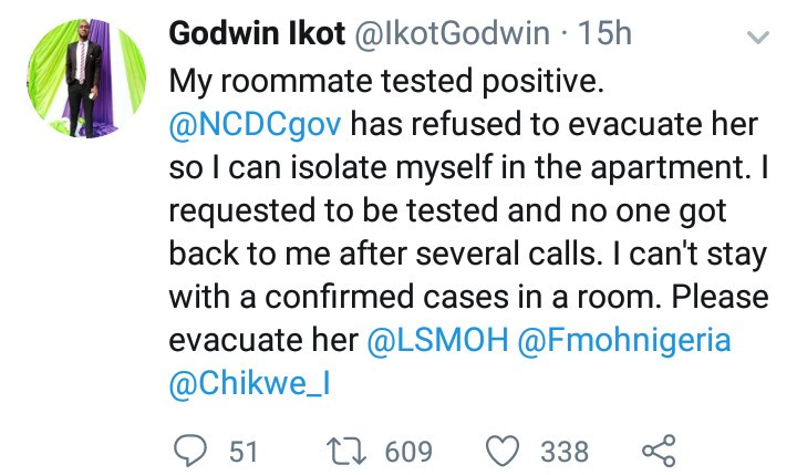 Man ridiculed for requesting NCDC to evacuate his “female roommate” who tested positive for COVID-19