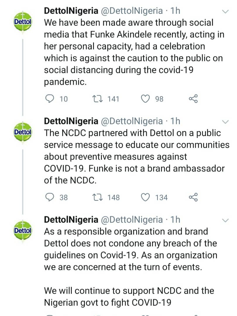 NCDC, Dettol react to Funke Akindele