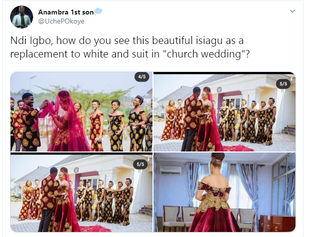 Nigerian couple wed in isiagu suit and wedding gown (photos)