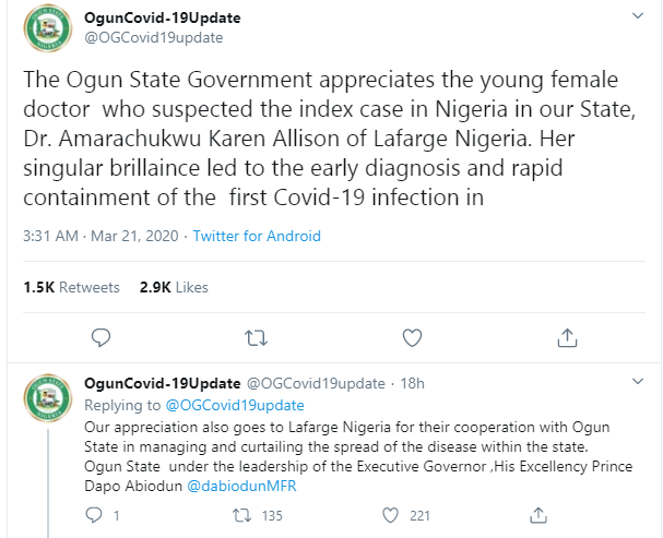 Nigerian doctor who suspected and reported the first case of coronavirus in Nigeria identified, see photos