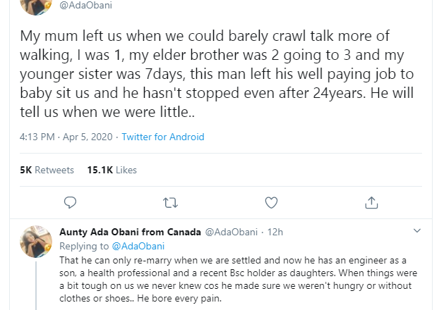 Nigerian lady narrates how her father single-handedly trained her and her siblings after their mother abandoned them