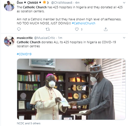 Nigerians Commend the Catholic Church for Offering 425 Hospitals as Isolation Centers to the Federal Government