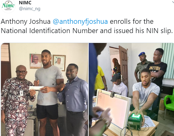 Nigerians tackle NIMC for posting Anthony Joshua's pic after enrolling him for his National Identification Number and issuing him a slip immediately(photos)