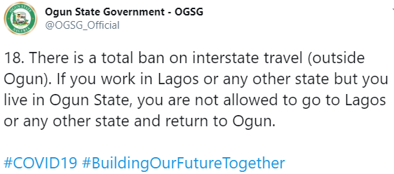 Ogun state residents who work in Lagos will not be allowed to leave the state – Ogun state government announces as lockdown ease begins on May 4