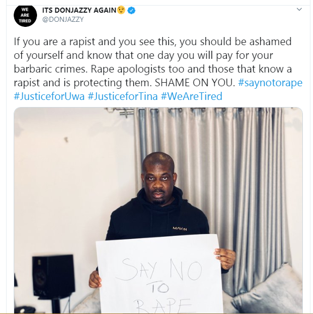 Don Jazzy condemns rapists and their supporters