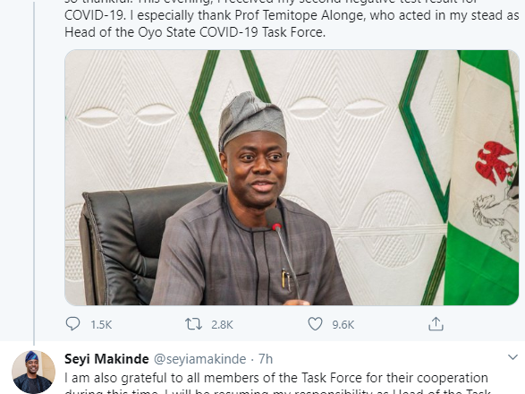 Seyi Makinde, Governor of Oyo state, declares recovery from Coronavirus
