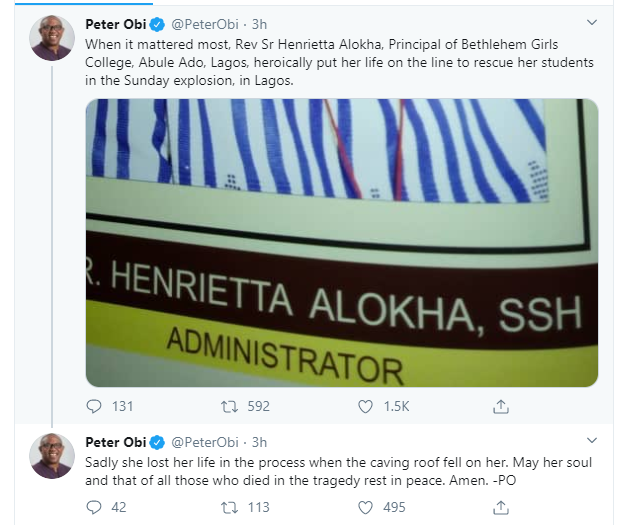 Peter Obi reacts to death of Reverend Sister/Principal of Bethlehem Girls College in Abule Ado gas explosion 