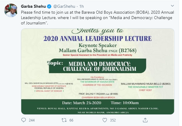 Presidential spokesperson, Garba Shehu slammed for inviting Nigerians to his lecture amid increased number of coronavirus cases