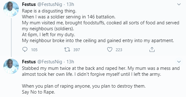 Soldier recounts how his mother was allegedly raped inside the barracks by a fellow soldier