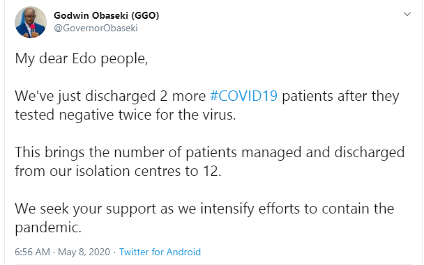 Two Coronavirus patients discharged in Edo state 