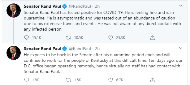 US Senator, Rand Paul tests positive for coronavirus