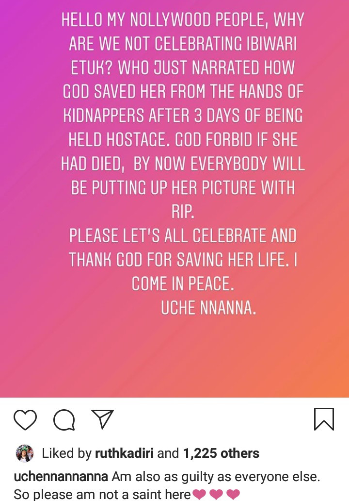 Uche Nnanna calls out her colleagues for not rejoicing with actress Ibiwari Etuk after she was saved from kidnappers