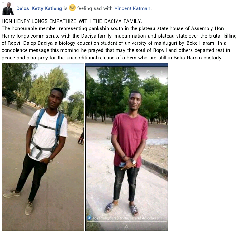 Update: Hostage executed by Boko Haram boy identified as Ropvil Dalep Daciya, a 200L University of Maiduguri student from Plateau State (photos)