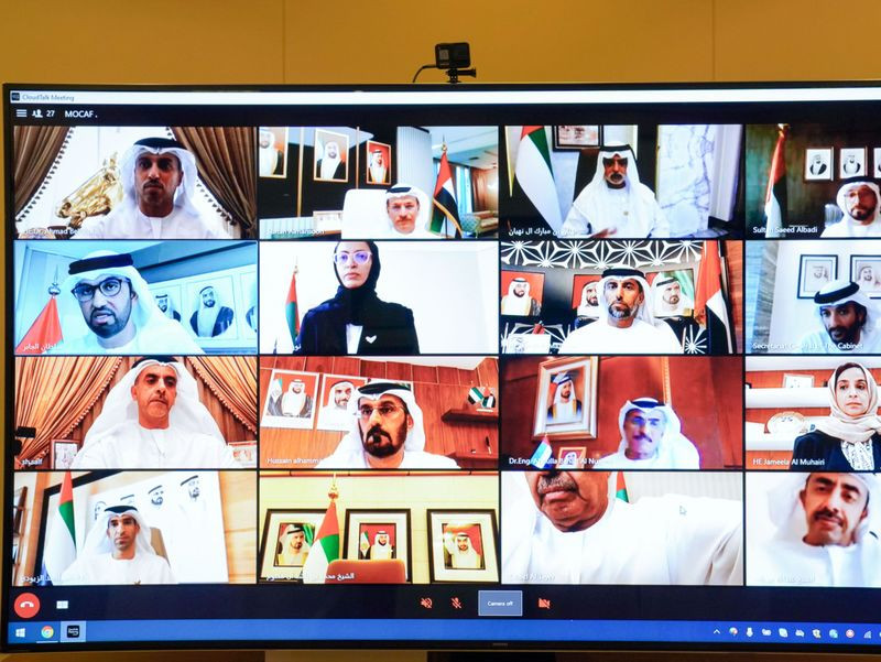 Viral images of Vice President of UAE Sheikh Mohammed leading virtual cabinet meeting with several ministers on coronavirus