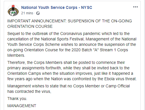 NYSC suspended on-going orientation course due to coronavirus