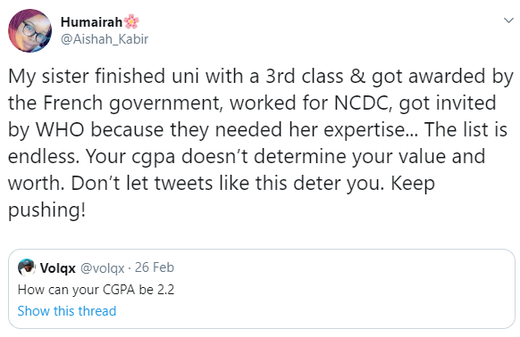 Response of a Woman Who Graduated with a 3rd Class to a Twitter User Criticizing 2.2 CGPA Holders