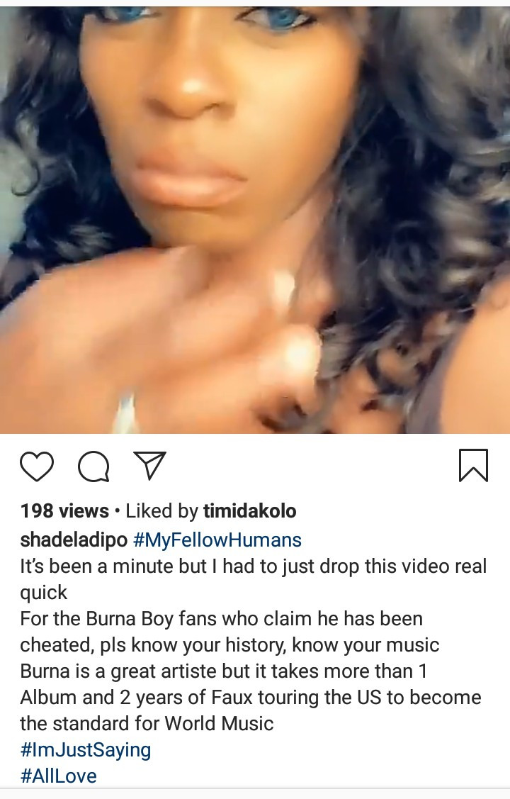 "It takes more than 1 Album and 2 years of Faux touring the US to become the standard for World Music" Shade Ladipo reacts to Burna Boy