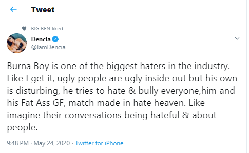 "Ugly people are ugly inside out" - Dencia criticizes Burna Boy and his girlfriend Stefflon Don