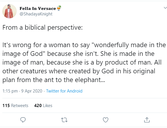 ​​​​​​​​​​​​​​It's wrong for a woman to say she is "wonderfully made in the image of God" – Twitter user explains the place of women from a "biblical perspective"