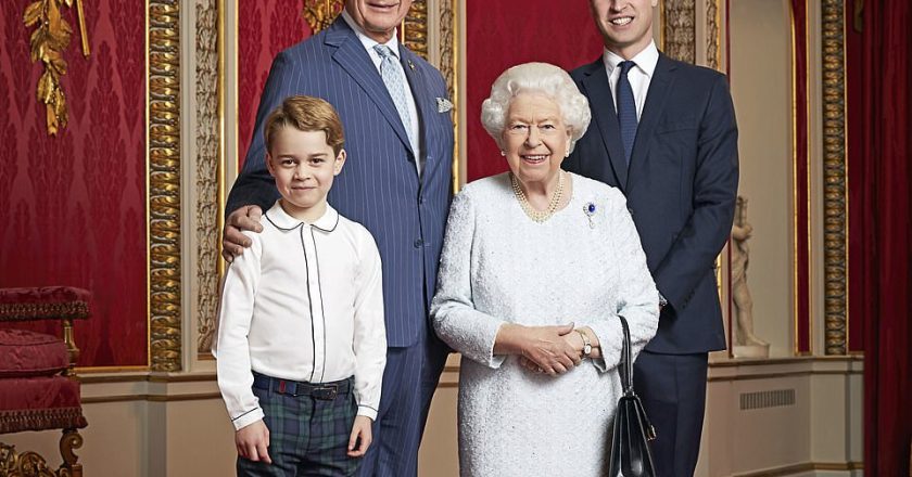 Portrait of the Queen of England and all the heirs to the throne; Princes Charles, William and George 