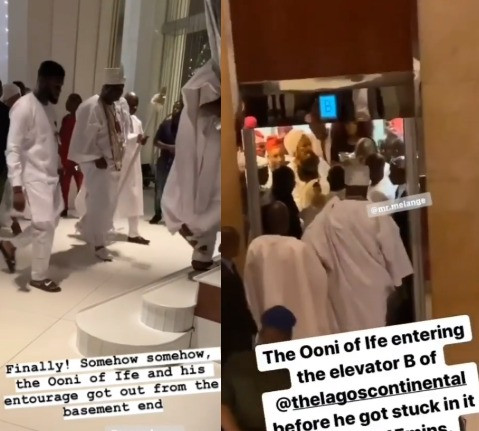 Video: Panic as Ooni of Ife gets stuck inside the elevator at a Lagos Hotel for almost 30 minutes (video)
