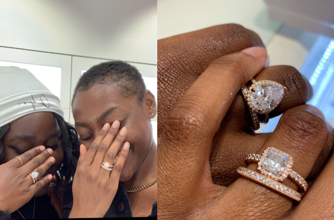 Two ladies show off their rings to announce their engagement to each other