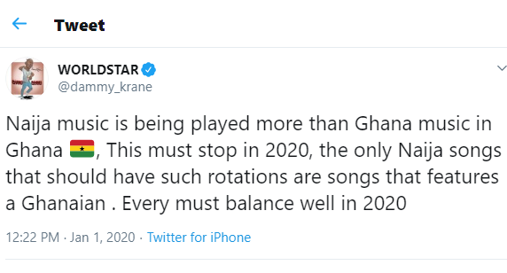 Naija music is being played more than Ghana music in Ghana, this must stop in 2020 – Dammy Krane Tweets