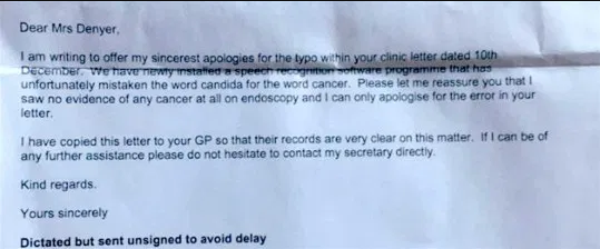 Woman wrongly told she had cancer when software misheard doctor
