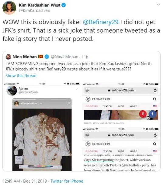 Kim Kardashian slams reports that she bought JFK's bloody shirt for daughter North West as a Christmas present