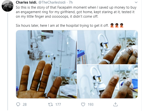 Man narrates how he ended up in the hospital after the engagement ring he bought to propose with got stuck on his finger