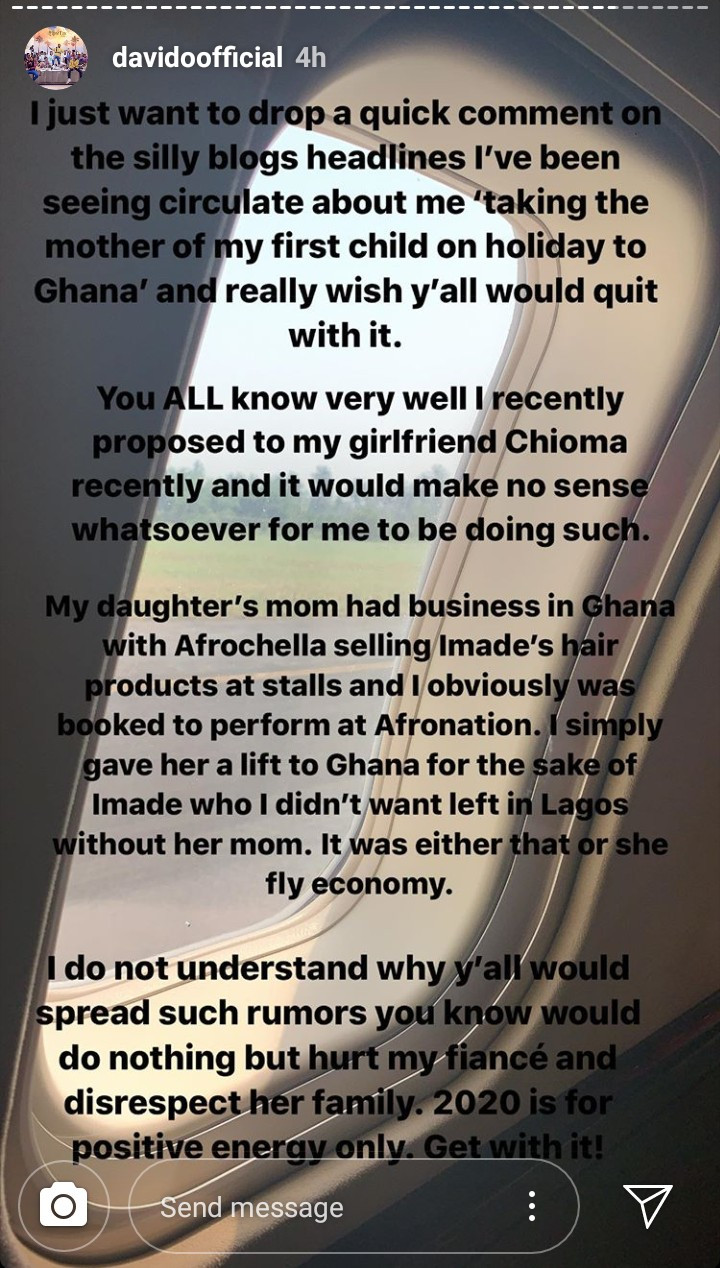 Davido clears the air following reports that he took his first daughter's mother to Ghana