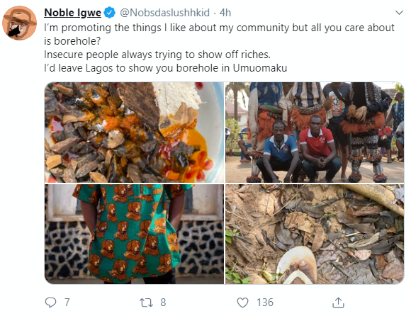 Noble Igwe receives criticisms for a photo he shared showcasing his hometown. He responds