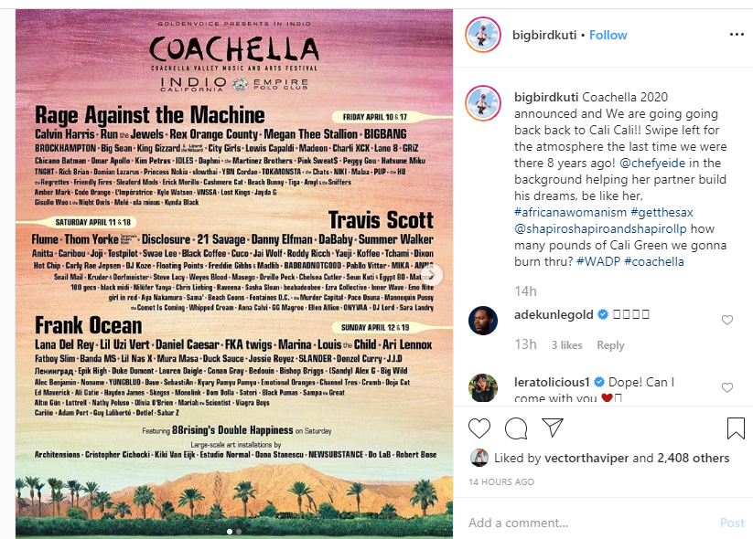 Coachella 2020 lineup announced, Seun Kuti only Nigerian artiste on the list 